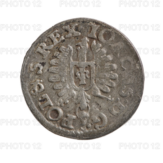 crown groschen, Leszczynski, Boguslaw (fl. 1650-1659), John II Casimir Vasa (King of Poland; 1648-1668), Polish coin, crowned eagle with the Vasa coat of arms on its chest, at the bottom the Wieniawa coat of arms of Treasurer Boguslaw Leszczynski, around the inscription: IOA CAS.DG (Wieniawa coat of arms) POL & S.REX; under the crown I dividing the year 16-50 below in three lines: GROS ARG/REGNI./POLON; at the bottom the Wieniawa coat of arms; 1650, Wschowa, Poland; coin, weight 0.69 g
