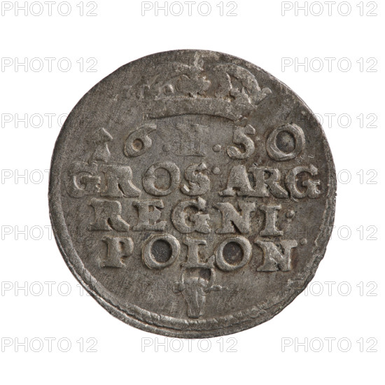 crown groschen, Leszczynski, Boguslaw (fl. 1650-1659), John II Casimir Vasa (King of Poland; 1648-1668), Polish coins, crowned eagle with the Vasa coat of arms on its chest, at the bottom the Wieniawa coat of arms of Treasurer Boguslaw Leszczynski, around the inscription: IOA CAS.DG (Wieniawa coat of arms) POL & S.REX; under the crown I dividing the year 16-50 below in three lines: GROS ARG/REGNI./POLON; at the bottom the Wieniawa coat of arms; 1650, Poland, Wschowa, coin, weight 0.69 g