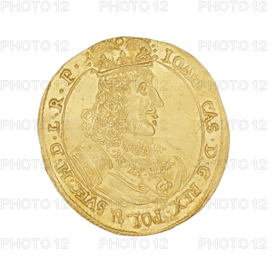 Elblag ducat, John II Casimir Vasa (King of Poland; 1648–1668). Obverse: bust of the king with a crown, in right profile, in armour, on the chest on a chain the Order of the Golden Fleece; around: IOAN.CAS.DGREX.POL&SVEC.MDLRP. Reverse: coat of arms of the city of Elblag surrounded by a rich ornament, at the top the head of an angel; around in a string rim the inscription: MON.NOVA.AVREA.CIVITAT.ELBINGENSIS.1663. Date: 1663. Place: Elblag, Poland. Coin, diameter 24–24.5 mm, weight 3.35 g, axis 0 degrees.