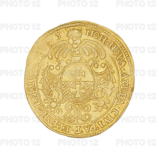 Elblag ducat, John II Casimir Vasa (King of Poland; 1648–1668). Obverse: bust of the king with a crown, in right profile, in armour, on the chest on a chain the Order of the Golden Fleece; around: IOAN.CAS.DGREX.POL&SVEC.MDLRP. Reverse: coat of arms of the city of Elblag surrounded by a rich ornament, at the top the head of an angel; around in a string rim the inscription MON.NOVA.AVREA.CIVITAT.ELBINGENSIS.1663. 1663. Poland, Elblag. Coin; diameter 24–24.5 mm; weight 3.35 g; axis 0°.