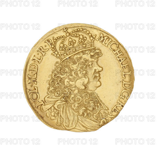 Gdansk ducat, Michal Korybut Wisniowiecki (King of Poland; 1669–1673), Lesse, Daniel (1656–1685), Michal Korybut Wisniowiecki (King of Poland; 1640–1673); Obv.: bust of the king with a crown in right profile, on the chest the Order of the Golden Fleece, around the inscription: MICHAEL DG.REX-POL.MDLRP. Rev.: a coat of arms with the coat of arms of Gdansk held by two lions, at the top a wreath with branches, at the bottom in a DL cartouche, in the legend: MON:AUREA CIVITAT:GEDANENS.1672. 1672. Poland, Gdansk. Coin; diameter 23–23.5 mm; weight 3.54 g.