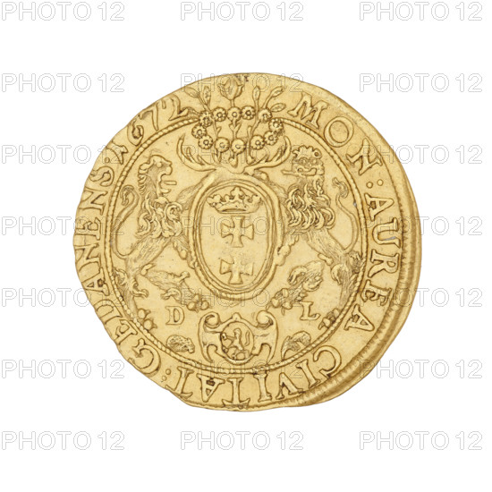 Gdansk ducat, Michal Korybut Wisniowiecki (King of Poland; 1669–1673), Lesse, Daniel (1656–1685), Michal Korybut Wisniowiecki (King of Poland; 1640–1673). Obv.: bust of the king with a crown in right profile, on the chest the Order of the Golden Fleece, around the inscription: MICHAEL DG.REX-POL.MDLRP. Rev.: a coat of arms with the coat of arms of Gdansk held by two lions, at the top a wreath with branches, at the bottom in a DL cartouche; in the legend: MON:AUREA CIVITAT:GEDANENS. 1672. Poland, Gdansk. Coin. Diameter 23–23.5 mm; weight 3.54 g.