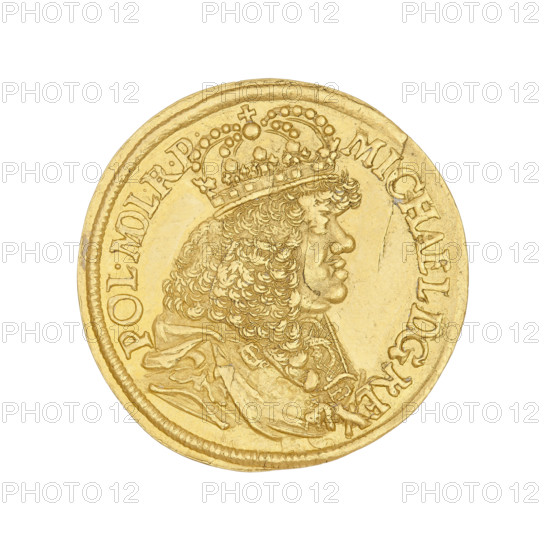 Gdansk ducat, Lesse, Daniel (1656-1685), Michal Korybut Wisniowiecki (King of Poland; 1669–1673), Michal Korybut Wisniowiecki (1640–1673), Gdansk (Pomeranian Voivodeship), Polish coin, crowns. Obverse: bust of the crowned king in right profile, in armor, around the inscription: MICHAEL DG REX-POL.MD LRP. Reverse: coat of arms of the city of Gdansk held by two lions, above it a wreath with two branches, at the bottom DL, inscription: MON.AUREA CIVITAT.GEDANENS.1673. Date: 1673. Place: Gdansk, Poland. Coin, weight 3.42 g.
