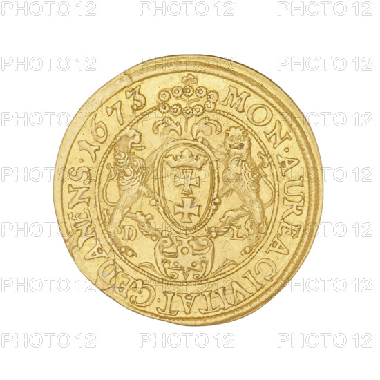 Gdansk ducat, Lesse, Daniel (1656–1685), Michal Korybut Wisniowiecki (King of Poland; 1669–1673), Michal Korybut Wisniowiecki (King of Poland; 1640–1673). Obverse: bust of the crowned king in right profile, in armor, around the inscription 'MICHAEL DG REX-POL.MD LRP'. Reverse: coat of arms of the city of Gdansk held by two lions, above it a wreath with two branches, at the bottom 'DL', inscription 'MON.AUREA CIVITAT.GEDANENS.1673'. Dated 1673. Gdansk, Poland. Coin, weight 3.42 g.