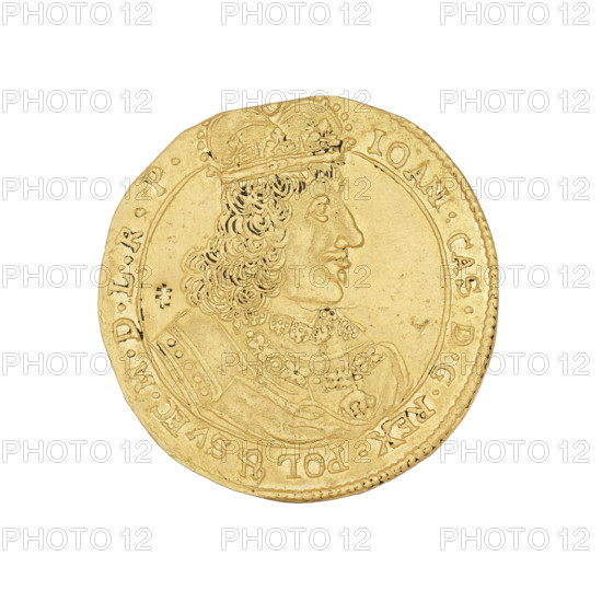 Elblag ducat, John II Casimir Vasa (King of Poland; 1648–1668). Obverse: bust of the king with a crown in right profile, on the chest the Order of the Golden Fleece on a chain, rim inscription IOAN.CAS.DGREX.POL &SVEC.MDLRP. Reverse: coat of arms of the city of Elblag surrounded by rich ornament, at the top an angel's head, rim inscription MON.NOVA.AVREA.CIVITAT.ELBINGENSIS. Date: 1661. Elblag, Poland. Coin; weight 3.57 g.