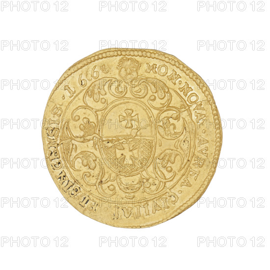 Elblag ducat, John II Casimir Vasa (King of Poland; 1648–1668). Obverse: bust of the king with a crown in right profile, on the chest the Order of the Golden Fleece on a chain, rim inscription: IOAN.CAS.DGREX.POL &SVEC.MDLRP. Reverse: coat of arms of the city of Elblag surrounded by rich ornament, at the top an angel's head, rim inscription (divided): MON.NOVA.AVREA.CIVITAT.ELBINGENSIS.1661. 1661. Elblag, Poland. Coin; weight 3.57 g.