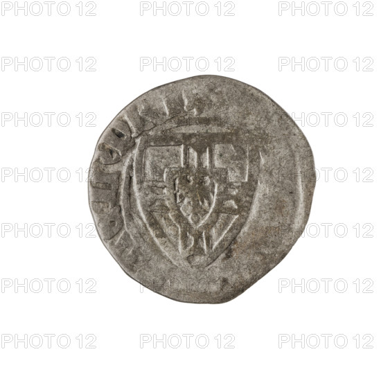 Teutonic szelag, Michal Küchmeister (Grand Master; 1414–1422). Obverse: monastic shield of the Grand Master (iconographic), the crossbars at the ends of the arms of the cross are arched; on the rim, between pearly borders, an inscription. Reverse: monastic shield; on the rim, between pearly borders, an inscription. Date: 1414–1416. State of the Teutonic Order (1226–1525). Gdansk. Coin; diameter 20 mm, weight 1.74 g, axis 180°.