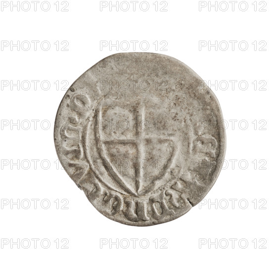 Teutonic szelag, Michal Küchmeister (Grand Master; 1414–1422). Obverse: monastic shield of the Grand Master (iconographic), the crossbars at the ends of the arms of the cross are arched; in the rim, between the pearly borders, an inscription. Reverse: monastic shield; in the rim, between the pearly borders, an inscription, 1414–1416. Teutonic shield (iconographic). Teutonic Knights (order). State of the Teutonic Order (1226–1525), Gdansk. Coin; diameter 21.8 mm, weight 1.16 g, axis 270 degrees.
