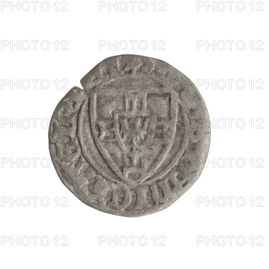 Teutonic szelag, Michal Küchmeister (Grand Master; 1414–1422). Obverse: monastic shield of the Grand Master (iconographic), crossbars at the ends of the arms of the cross are arched; in the rim between the pearly borders, an inscription. Reverse: monastic shield; in the rim between the pearly borders, an inscription, 1414–1416. Teutonic Knights (order); State of the Teutonic Order (1226–1525). Coin (Gdansk), diameter 20.2–20.4 mm, weight 1.45 g, axis 150°.