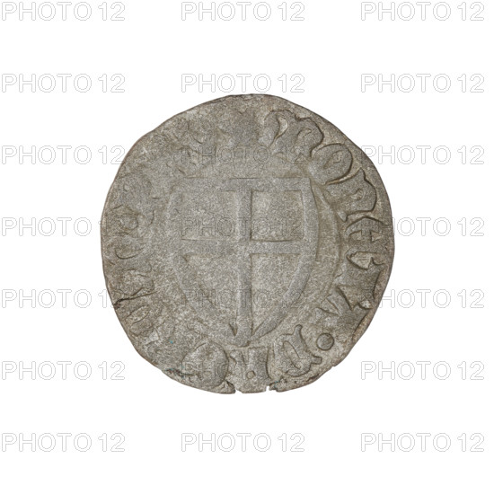 Teutonic szelag, Michal Küchmeister (Grand Master; 1414–1422). Obverse: monastic shield of the Grand Master (iconographic), crossbars at the ends of the arms of the cross are arched; on the rim, between beaded borders, an inscription. Reverse: monastic shield; on the rim, between beaded borders, an inscription. Dated 1414–1416. Coin, diameter 20.5 mm, weight 1.22 g, axis 315°.