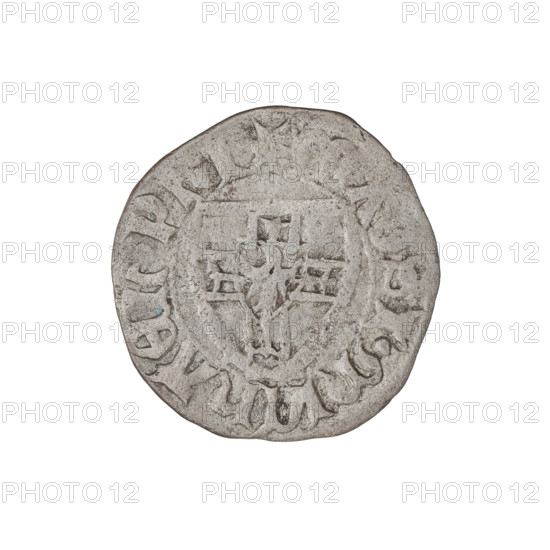 Teutonic szelag, Michal Küchmeister (Grand Master; 1414–1422), Teutonic shield (iconographic), monastic shield of the Grand Master (iconographic), punch AR (on the reverse), Teutonic Knights (order). Obv. Monastic shield of the Grand Master; the crossbars at the ends of the arms of the cross are arched. On the rim, between the pearl borders, the inscription. Rev. Monastic shield. In the rim between the pearl borders there is an inscription, 1414–1416. State of the Teutonic Order (1226–1525), Gdansk; coin; diameter 21 mm; weight 1.32 g; axis 90°.