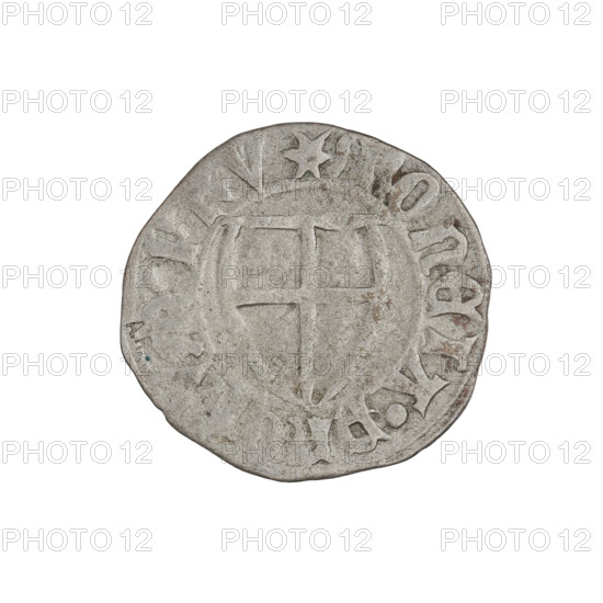 Teutonic szelag, Michal Küchmeister (Grand Master; 1414–1422), Teutonic shield (iconographic), monastic shield of the Grand Master (iconographic), punch AR (on the reverse), Teutonic Knights (order). Obverse: Monastic shield of the Grand Master, the crossbars at the ends of the arms of the cross are arched. On the rim, between the pearl borders, the inscription. Reverse: In the rim between the pearl borders there is an inscription, 1414–1416. State of the Teutonic Order (1226–1525), Gdansk. Coin, diameter 21 mm, weight 1.32 g, axis 90°.