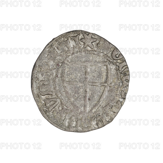 Teutonic szelag, Michal Küchmeister (Grand Master; 1414–1422), Teutonic shield (iconographic), monastic shield of the Grand Master (iconographic), Teutonic Knights (order). Obverse: Monastic shield of the Grand Master, the crossbars at the ends of the arms of the cross are arched. On the rim, between the pearl borders, the inscription. Reverse: Monastic shield. In the rim between the pearl borders there is an inscription, 1414–1416. State of the Teutonic Order (1226–1525), Gdansk. Coin; diameter 21 mm; weight 1.42 g; axis 270°.