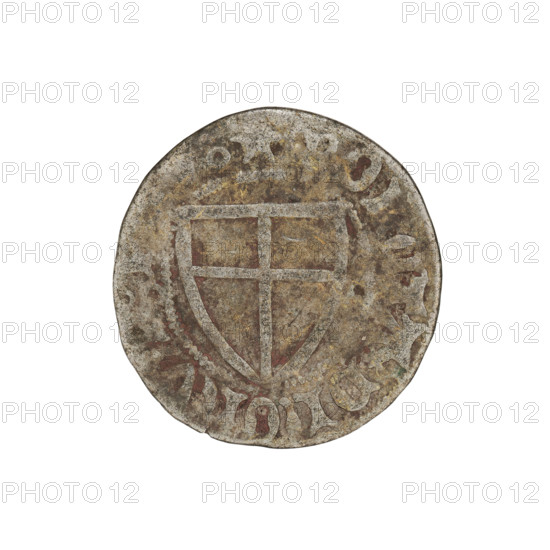 Teutonic szelag, Michal Küchmeister (Grand Master; 1414–1422). Obverse: monastic shield of the Grand Master (iconographic), Teutonic shield (iconographic), Teutonic Knights (order). Monastic shield of the Grand Master; crossbars at the ends of the arms of the cross are arched. On the rim, between the beaded borders, the inscription. Reverse: monastic shield. On the rim, between the beaded borders, the inscription. Date: 1414–1416. Coin; diameter 20.8 mm; weight 1.67 g; axis 90°.