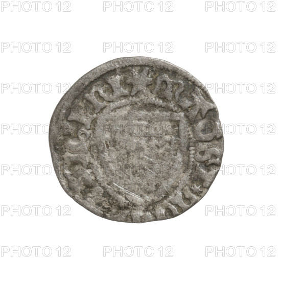 Teutonic szelag, Michal Küchmeister (Grand Master; 1414–1422). Obverse: monastic shield of the Grand Master (iconographic), Teutonic shield (iconographic); crossbars at the ends of the arms of the cross are arched. On the rim, between the pearly borders, an inscription. Reverse: monastic shield; on the rim, between the pearly borders, an inscription. 1414–1416. State of the Teutonic Order (1226–1525). Gdansk. Coin, diameter 21 mm, weight 1.35 g, axis 280°.