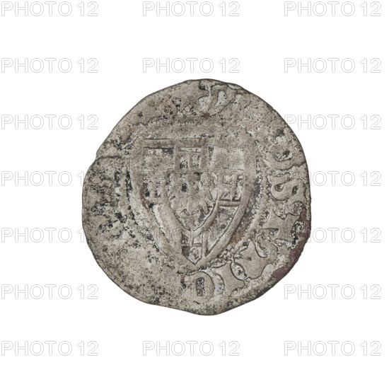 Teutonic szelag, Michal Küchmeister (Grand Master; 1414–1422), Teutonic shield (iconographic), monastic shield of the Grand Master (iconographic), Teutonic Knights (order). Obv.: Monastic shield of the Grand Master, the crossbars at the ends of the arms of the cross are arched. On the rim, between the pearl borders, the inscription. Rev.: Monastic shield. In the rim between the pearl borders there is an inscription, 1414–1416. State of the Teutonic Order (1226–1525). Gdansk; coin; diameter 20.3 mm; weight 1.60 g; axis 170°.