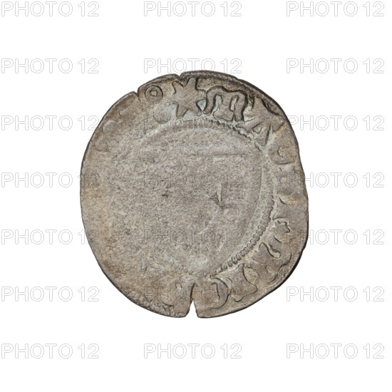 Teutonic szelag, Michal Küchmeister (Grand Master; 1414–1422); Teutonic shield (iconographic); monastic shield of the Grand Master (iconographic); Teutonic Knights (order). Obverse: Monastic shield of the Grand Master, the crossbars at the ends of the arms of the cross are arched. On the rim, between the pearl borders, the inscription. Reverse: Monastic shield. In the rim between the pearl borders there is an inscription, 1414–1416. State of the Teutonic Order (1226–1525), Gdansk. Coin; diameter 21.3 mm; weight 1.23 g; axis 135°.