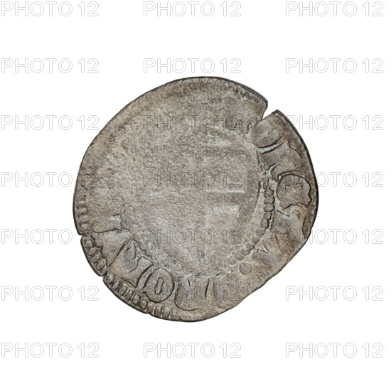Teutonic szelag, Michal Küchmeister (Grand Master; 1414–1422). Obverse: monastic shield of the Grand Master with the crossbars at the ends of the arms of the cross arched. Reverse: monastic shield. Inscriptions on rim between pearl borders. Date on rim: 1414–1416. State of the Teutonic Order (1226–1525). Gdansk mint. Coin; diameter 21.3 mm, weight 1.23 g, axis 135°.