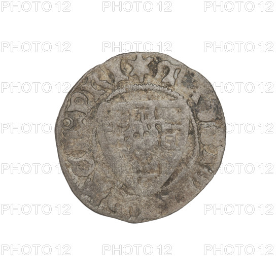 Teutonic szelag, Michal Küchmeister (Grand Master; 1414–1422), Teutonic shield (iconographic), monastic shield of the Grand Master (iconographic), Teutonic Knights (order). Obverse: Monastic shield of the Grand Master; crossbars at the ends of the arms of the cross are arched. On the rim, between the pearly borders, the inscription. Reverse: Monastic shield; on the rim, between the pearly borders, the inscription. 1414–1416. State of the Teutonic Order (1226–1525). Gdansk. Coin; diameter 21 mm; weight 1.21 g; axis 190°.