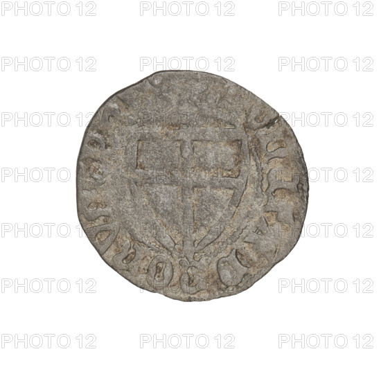 Teutonic szelag, Michal Küchmeister (Grand Master; 1414–1422). Obverse: monastic shield of the Grand Master (iconographic), Teutonic shield (iconographic); crossbars at the ends of the arms of the cross are arched. On the rim, between pearly borders, an inscription. Reverse: monastic shield; on the rim, between pearly borders, an inscription, 1414–1416. State of the Teutonic Order (1226–1525). Gdansk mint. Coin; diameter 21 mm; weight 1.21 g; axis 190°.