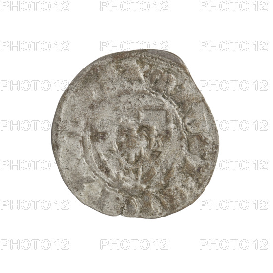Teutonic szelag, Michal Küchmeister (Grand Master; 1414–1422). Obverse: Monastic shield of the Grand Master (iconographic), Teutonic shield; crossbars at the ends of the arms of the cross are arched. On the rim, between the beaded borders, an inscription. Reverse: Monastic shield; on the rim, between the beaded borders, an inscription; dated 1414–1416. State of the Teutonic Order (1226–1525). Gdansk. Coin; diameter 21.5 mm, weight 1.15 g, axis 30°.