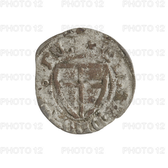 Teutonic szelag, Michal Küchmeister (Grand Master; 1414–1422). Teutonic shield (iconographic), monastic shield of the Grand Master (iconographic), Teutonic Knights (order). Obverse: Monastic shield of the Grand Master; crossbars at the ends of the arms of the cross are arched. On the rim, between the beaded borders, the inscription. Reverse: Monastic shield; on the rim, between the beaded borders, the inscription. Dated 1414–1416. State of the Teutonic Order (1226–1525). Gdansk mint. Coin, diameter 21.5 mm, weight 1.15 g, axis 30°.