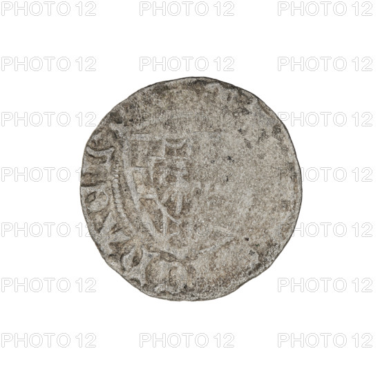 Teutonic szelag, Michal Küchmeister (Grand Master; 1414–1422). Obverse: monastic shield of the Grand Master (iconographic); crossbars at the ends of the arms of the cross are arched. In the rim, between the beaded borders, inscription. Reverse: monastic shield. In the rim, between the beaded borders, inscription. Date: 1414–1416. State of the Teutonic Order (1226–1525). Gdansk mint. Coin; diameter 20 mm; weight 1.34 g; axis 90°.