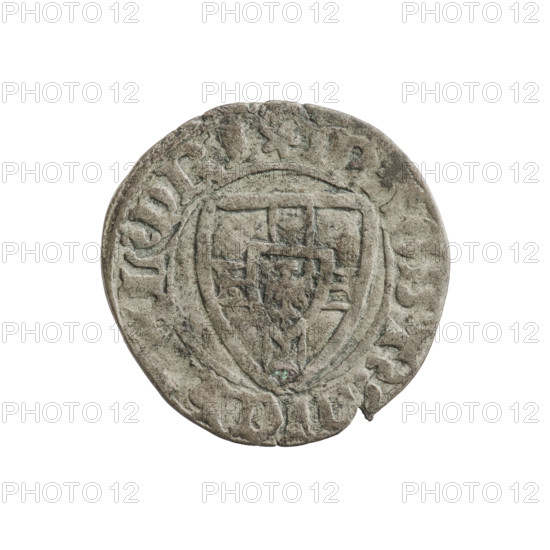 Teutonic szelag, Michal Küchmeister (Grand Master; 1414–1422). Obverse: monastic shield of the Grand Master (iconographic), crossbars at the ends of the arms of the cross are arched; in the rim between pearly borders, an inscription. Reverse: monastic shield; in the rim between pearly borders, an inscription. Date: 1414–1416. State of the Teutonic Order (1226–1525). Gdansk. Coin; diameter 21.4 mm; weight 1.48 g; axis 45°.