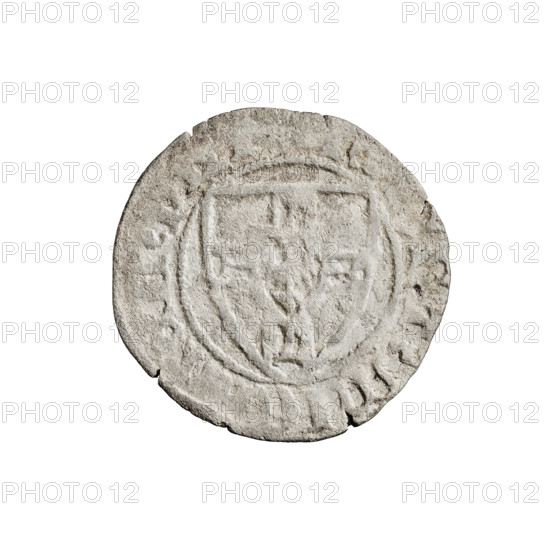 Teutonic szelag, Michal Küchmeister (Grand Master; 1414–1422). Teutonic shield (iconographic), monastic shield of the Grand Master (iconographic), Teutonic Knights (order). Obverse: monastic shield of the Grand Master; crossbars at the ends of the arms of the cross are arched. On the rim, between the pearly borders, the inscription. Reverse: monastic shield; on the rim, between the pearly borders, the inscription. 1414–1416. State of the Teutonic Order (1226–1525). Coin from Gdansk; diameter 20.8 mm, weight 1.44 g, axis 270°.