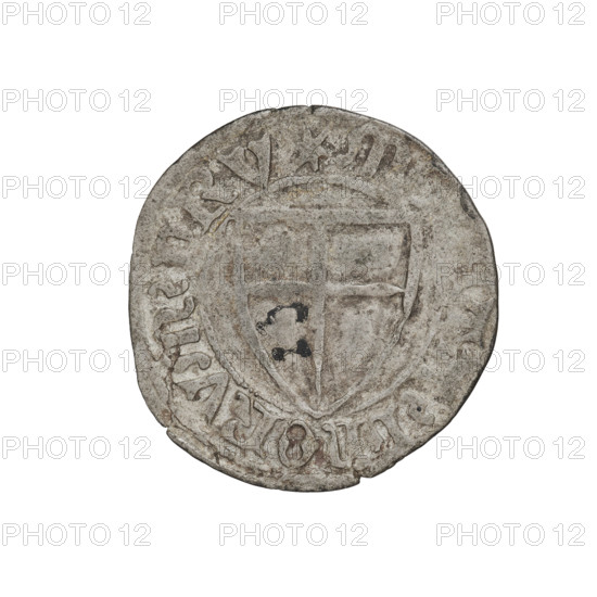 Teutonic szelag, Michal Küchmeister (Grand Master; 1414–1422), Teutonic shield (iconographic), monastic shield of the Grand Master (iconographic), AR mark, Teutonic Knights (order). Obverse: Monastic shield of the Grand Master, the crossbars at the ends of the arms of the cross are arched. On the rim, between the pearl borders, the inscription. Reverse: Monastic shield. In the rim between the pearl borders there is an inscription, 1414–1416. State of the Teutonic Order (1226–1525), Gdansk. Coin, diameter 21.8 mm, weight 1.40 g, axis 20°.