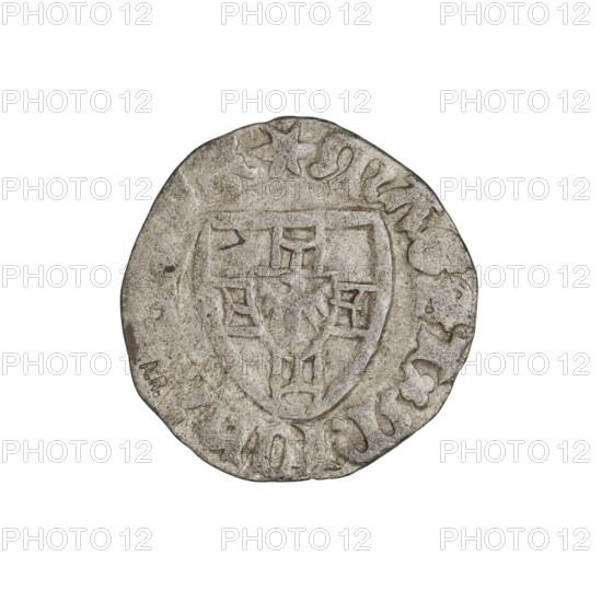 Teutonic szelag, Michal Küchmeister (Grand Master; 1414–1422), Teutonic shield (iconographic), monastic shield of the Grand Master (iconographic), punch AR (on the obverse), Teutonic Knights (order). Obv.: Monastic shield of the Grand Master; the crossbars at the ends of the arms of the cross are arched. On the rim, between the pearl borders, the inscription. Rev.: Monastic shield; in the rim between the pearl borders there is an inscription, 1414–1416. State of the Teutonic Order (1226–1525). Gdansk. Coin; diameter 20.5 mm, weight 1.46 g, axis 60°.