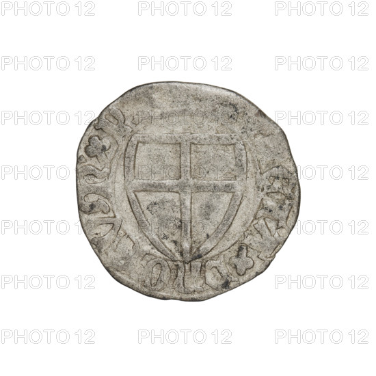 Teutonic szelag, Michal Küchmeister (Grand Master; 1414–1422), Teutonic shield (iconographic), monastic shield of the Grand Master (iconographic), punch AR (on the obverse), Teutonic Knights (order). Obv.: Monastic shield of the Grand Master, the crossbars at the ends of the arms of the cross are arched. On the rim, between the pearl borders, the inscription. Rev.: Monastic shield. In the rim between the pearl borders there is an inscription, 1414–1416. State of the Teutonic Order (1226–1525), Gdansk. Coin, diameter 20.5 mm, weight 1.46 g, axis 60°.