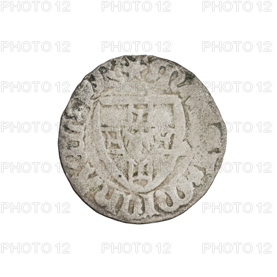 Teutonic szelag, Michal Küchmeister (Grand Master; 1414–1422). Obverse: monastic shield of the Grand Master (iconographic), Teutonic shield (iconographic); crossbars at the ends of the arms of the cross are arched. In the rim, between the pearly borders, an inscription. Reverse: monastic shield. In the rim, between the pearly borders, an inscription. Date: 1414–1416. State of the Teutonic Order (1226–1525), Gdansk. Coin; diameter 20.4 mm; weight 1.51 g; axis 45°.