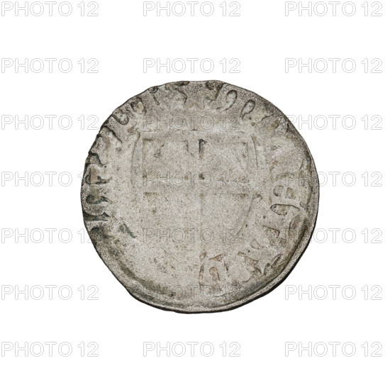 Teutonic szelag, Michal Küchmeister (Grand Master; 1414–1422), Teutonic shield (iconographic), monastic shield of the Grand Master (iconographic), Teutonic Knights (order). Obverse: Monastic shield of the Grand Master; crossbars at the ends of the arms of the cross are arched. In the rim, between the pearly borders, the inscription. Reverse: Monastic shield; in the rim, between the pearly borders, the inscription. 1414–1416. State of the Teutonic Order (1226–1525). Gdansk. Coin, diameter 20.4 mm, weight 1.51 g, axis 45 degrees.