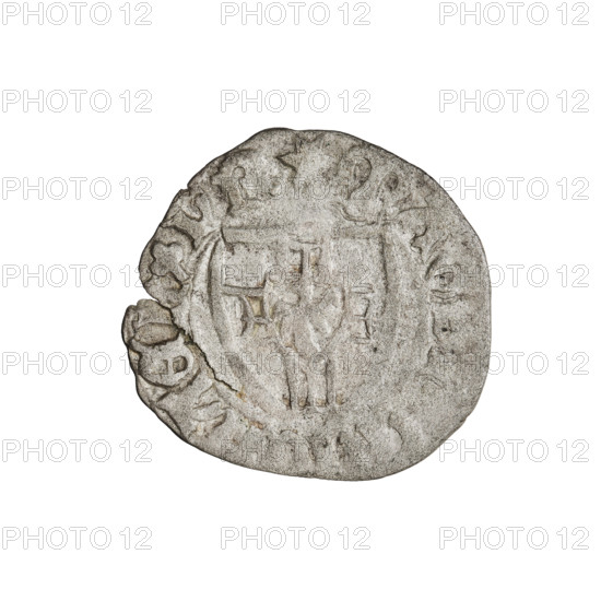 Teutonic szelag, Michal Küchmeister (Grand Master; 1414–1422). Obverse: monastic shield of the Grand Master (iconographic), Teutonic shield; crossbars at the ends of the arms of the cross are arched. In the rim, between the beaded borders, the inscription. Reverse: monastic shield; in the rim, between the beaded borders, the inscription. Date: 1414–1416. State of the Teutonic Order (1226–1525), Gdansk. Coin, diameter 20.5 mm, weight 1.39 g, axis 0°.