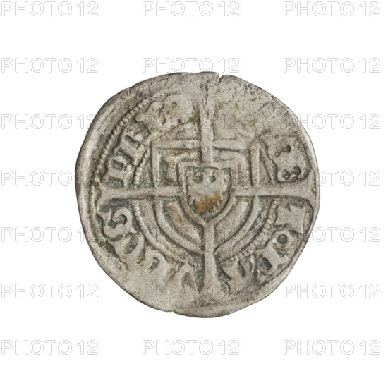 Teutonic szelag, Paul von Russdorf (Grand Master; 1422–1441). Obverse: monastic shield of the Grand Master with a cross whose elongated, widening arms divide the rim legend and reach the outer rim; rim between pearly borders bears an inscription. Reverse: monastic shield with a cross with elongated arms dividing the rim legend and reaching the outer rim; rim between pearl borders bears an inscription. Date: 1425–1441. State of the Teutonic Order (1226–1525), Torun. Coin, weight 1.48 g, axis 270°.