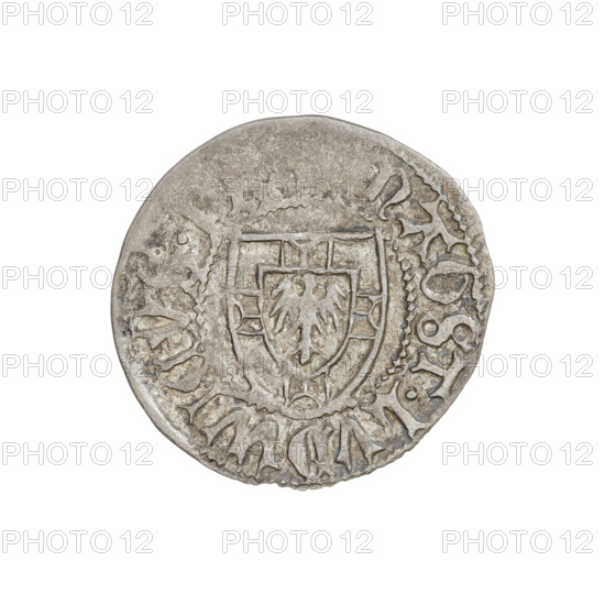 Teutonic szelag, Ludwik von Erlichshausen (Grand Master; 1450–1467), monastic shield of the Grand Master (iconographic), Teutonic shield (iconographic), Teutonic Knights (order). Obv. Monastic shield of the Grand Master. On the rim, between the pearl borders, the inscription. Rev. Monastic shield. On the rim between the pearl borders there is an inscription, 1456–1457. State of the Teutonic Order (1226–1525), Königsberg, coin, diameter 21.5 mm, weight 1.45 g, axis 90 degrees.