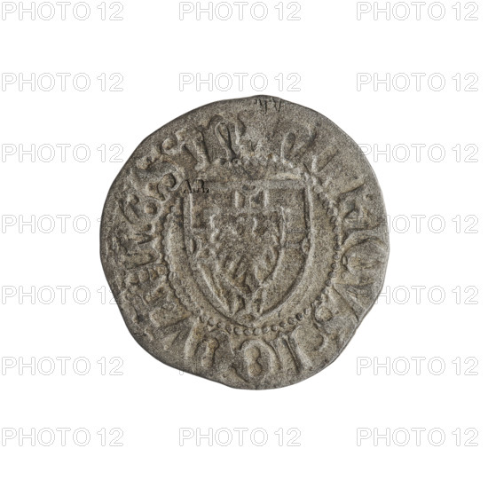 Teutonic szelag, Henryk Reuss von Plauen (Grand Master; 1467–1469). AR mark (twice on the obverse). Teutonic Knights (order). Obverse: monastic shield of the Grand Master; on the rim between the pearl borders, inscription. Reverse: monastic shield; in the rim between the pearl borders an inscription, 1467–1469. State of the Teutonic Order (1226–1525), Königsberg. Coin; diameter 20.3 mm, weight 1.45 g, axis 225°.