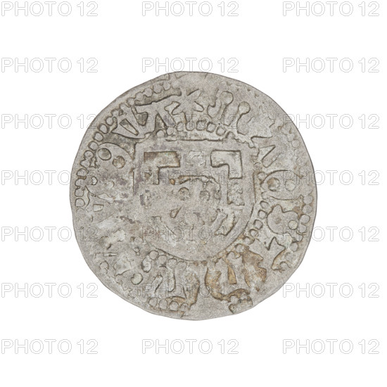 Teutonic szelag, Henryk Reffle von Richtenberg (Grand Master; 1470–1477). Obverse: Teutonic Knights' shield (iconographic). On the rim, between the pearly borders, an inscription. Reverse: Teutonic Knights' shield (iconographic). On the rim, between the pearly borders, an inscription. 1470–1477. State of the Teutonic Order (1226–1525), Königsberg. Coin, dia. 21.8 mm, weight 1.23 g, axis 60 degrees.