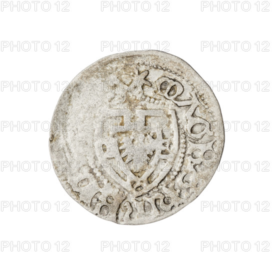 Teutonic szelag, Henryk Reffle von Richtenberg (Grand Master; 1470–1477). Obverse: Teutonic Knights' shield; on the rim between the pearly borders, an inscription. Reverse: Teutonic Knights' shield; on the rim between the pearly borders, an inscription. Date: 1470–1477. State of the Teutonic Order (1226–1525), Königsberg. Coin; diameter 21.6 mm, weight 1.40 g, axis 280°.