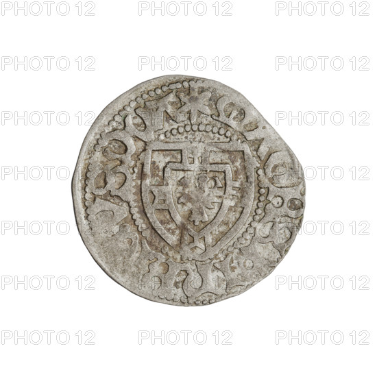 Teutonic szelag, Henryk Reffle von Richtenberg (Grand Master; 1470–1477). Obverse: Teutonic Knights' shield (iconographic). Reverse: Teutonic shield (iconographic). On the rim, between the pearly borders, an inscription. Date: 1470–1477. State of the Teutonic Order (1226–1525), Königsberg. Coin; diameter 20.8 mm; weight 1.58 g; axis 330°.