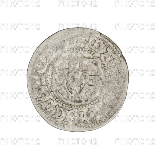 Teutonic szelag, Henryk Reffle von Richtenberg (Grand Master; 1470–1477). Obverse: Teutonic Knights' shield (iconographic). Reverse: Teutonic shield (iconographic). On the rim, between the pearly borders, an inscription. Date: 1470–1477. State of the Teutonic Order (1226–1525), Königsberg. Coin; diameter 22.2 mm; weight 1.38 g; axis 90°.