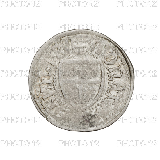 Teutonic szelag, Henryk Reffle von Richtenberg (Grand Master; 1470–1477). Obverse: Teutonic Knights' shield (iconographic). Reverse: Teutonic Knights' shield (iconographic). On the rim, between the pearly borders, an inscription. Date: 1470–1477. State of the Teutonic Order (1226–1525), Königsberg. Coin; diameter 22.2 mm, weight 1.38 g, axis 90 degrees.
