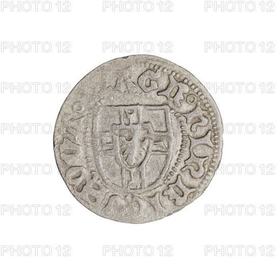Teutonic szelag, Henryk Reffle von Richtenberg (Grand Master; 1470–1477). Obverse: Teutonic Knights' shield; in the rim, between the pearly borders, an inscription. Reverse: Teutonic Knights' shield; in the rim, between the pearly borders, an inscription. Date: 1470–1477. Minted in Königsberg. Coin; diameter 20.5 mm; weight 1.08 g; axis 0°.