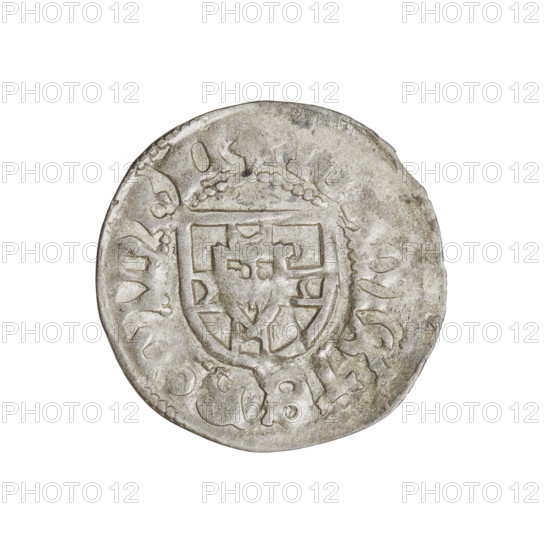 Teutonic szelag, Henryk Reffle von Richtenberg (Grand Master; 1470–1477). Obverse: Teutonic shield of the Grand Master; in the rim, between the pearly borders, an inscription. Reverse: Teutonic shield; in the rim, between the pearly borders, an inscription. Date on rim: 1470–1477. State of the Teutonic Order (1226–1525), Königsberg. Coin; diameter 21.9 mm, weight 1.13 g, axis 20°.
