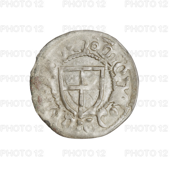 Teutonic szelag, Henryk Reffle von Richtenberg (Grand Master; 1470–1477). Obverse: Teutonic shield of the Grand Master; in the rim, between the pearly borders, an inscription. Reverse: Teutonic shield; in the rim, between the pearly borders, an inscription. Date: 1470–1477. State of the Teutonic Order (1226–1525), Königsberg. Coin; diameter 21.9 mm; weight 1.13 g; axis 20°.
