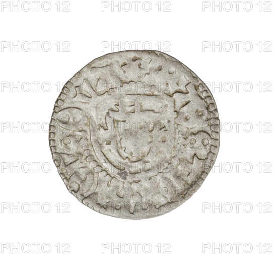 Teutonic szelag, Henryk Reffle von Richtenberg (Grand Master; 1470–1477). Obverse: Teutonic shield of the Grand Master; in the rim, between the pearly borders, an inscription. Reverse: Teutonic shield; in the rim, between the pearly borders, an inscription. Date: 1470–1477. State of the Teutonic Order (1226–1525), Königsberg. Coin; diameter 20.9 mm; weight 1.27 g; axis 20°.