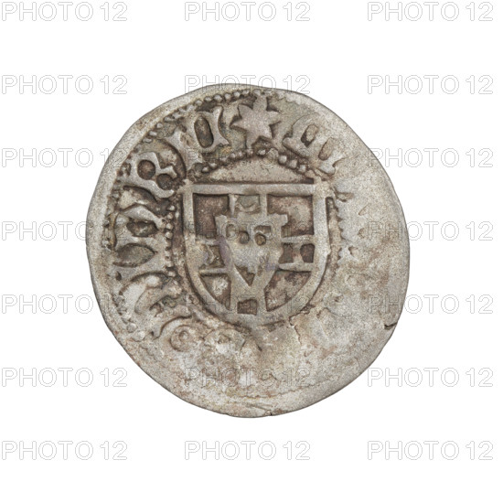 Teutonic szelag, Henryk Reffle von Richtenberg (Grand Master; 1470–1477). Obverse: Teutonic Knights' shield; on the rim, between the pearly borders, an inscription. Reverse: Teutonic Knights' shield; on the rim, between the pearly borders, an inscription. Date: 1470–1477. State of the Teutonic Order (1226–1525), Königsberg. Coin; diameter 22.3 mm, weight 1.41 g, axis 340°.