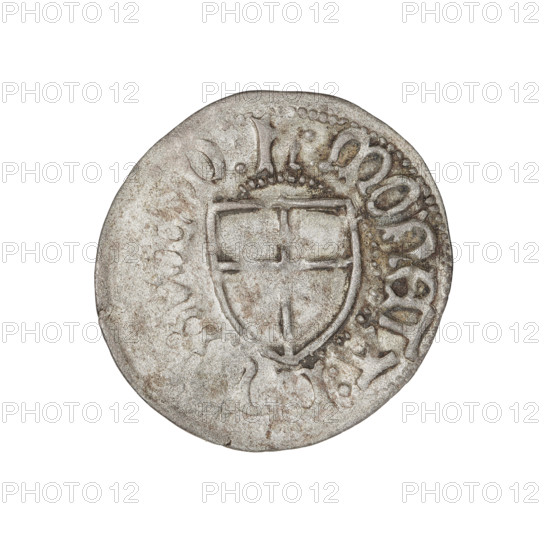 Teutonic szelag, Henryk Reffle von Richtenberg (Grand Master; 1470–1477). Obverse: Teutonic Knights' shield (iconographic). Reverse: Teutonic Knights' shield (iconographic). On the rim, between the pearly borders, an inscription. Date: 1470–1477. State of the Teutonic Order (1226–1525), Königsberg. Coin; diameter 22.3 mm; weight 1.41 g; axis 340°.