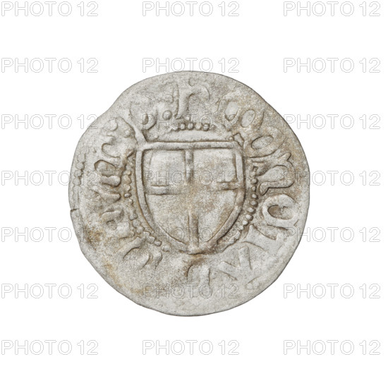 Teutonic szelag, Henryk Reffle von Richtenberg (Grand Master; 1470–1477). Obverse: Teutonic shield of the Grand Master; in the rim between pearly borders, an inscription. Reverse: Teutonic shield; in the rim between pearly borders, an inscription, 1470–1477. State of the Teutonic Order (1226–1525), Königsberg. Coin, diameter 21.2 mm, weight 1.22 g, axis 0°.
